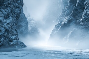 Frozen canyon, misty river, icy landscape