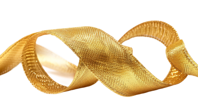 A shimmering golden ribbon elegantly twisted and flowing, creating a sense of movement, suitable for festive decorations or gift wrapping, set against a clean white background