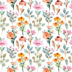 A vibrant watercolor floral pattern featuring pink and orange flowers with various green and teal leaves