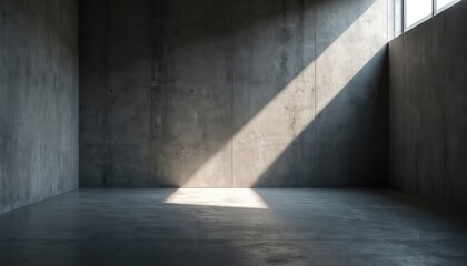 Modern empty concrete room features dramatic diagonal lighting across textured walls, floor. Stark, minimalist interior with industrial design elements. Open space with visible cement structure, grey