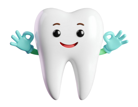Smiling Tooth Cartoon in 3D with Approval Gesture – Transparent Background.