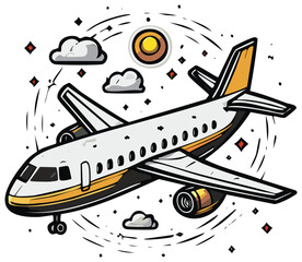 Stylized airplane soaring through clouds and stars with sun in the sky