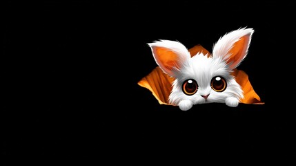 Fluffy white cat illustration peeking from a dark hole with wide amber eyes and orange ear highlights, copy space, whimsical character suitable for halloween design projects