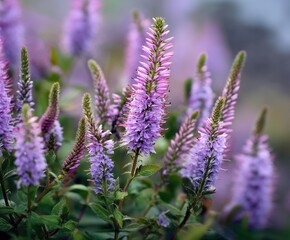 Obraz premium Pink and lilac spiked speedwell flowers 'Veronica spicata' in bloom, in the wild