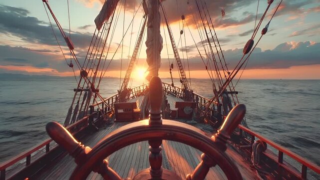 A vivid portrayal of a sailing ships deck during sunset, with the sun casting a golden hue over the horizon. The ships wooden deck is detailed with ropes, pulleys, and a large ships wheel.