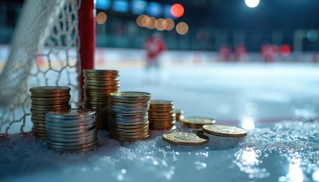 Stacks of hockey coins on ice rink with blurred goal background. Players skate in distance. Represents finance, success, winter sports economy. Coins symbolize value, wealth, investment in sports. - Powered by Adobe