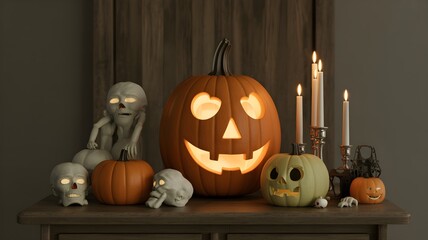 Fototapeta premium A spooky yet enchanting Halloween display with glowing pumpkins, ghosts, and a mysterious silhouette.