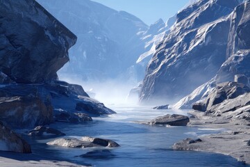 Frozen canyon river, icy mountain gorge