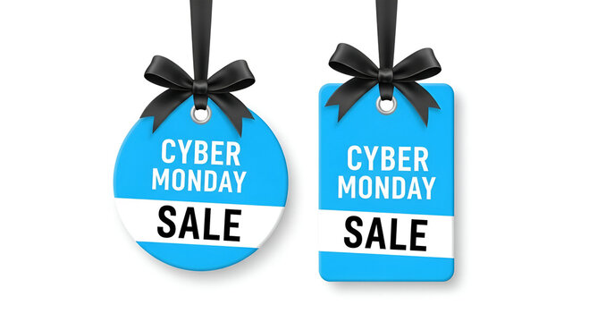 Cyber Monday sale tags with black bows.  Bright blue discount labels announce online shopping deals.