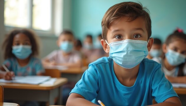 Young diverse students wear masks in classroom learning. Natural light fills school space as children sit at desks, observing, engaging in lesson. Focus on attentive pupils in safe, healthy - Powered by Adobe