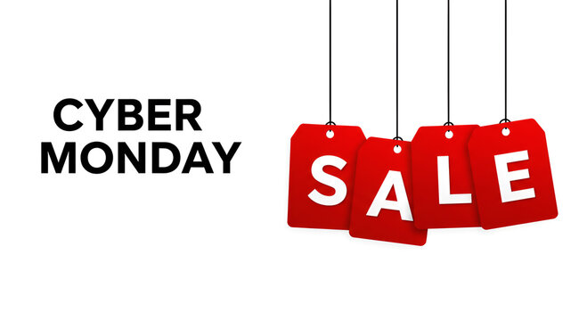 Red sale tags with the words "Cyber Monday Sale" hanging on strings against a white background.