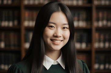 Smiling girl headshot happy expression library bookshelves background ai generated