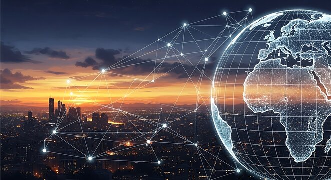 Digital globe overlaying a cityscape at sunset, depicting global network connections and technological advancement. - Powered by Adobe