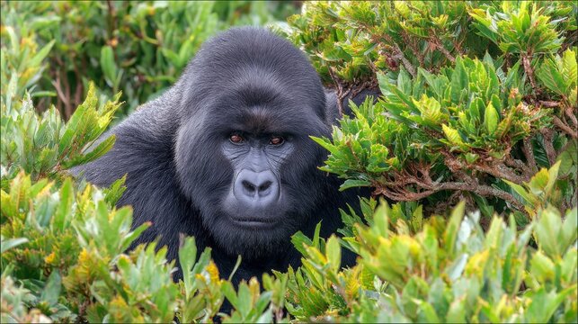 A silverback mountain gorilla observes its surroundings while nestled in dense, green foliage during the early morning hours in its natural habitat.