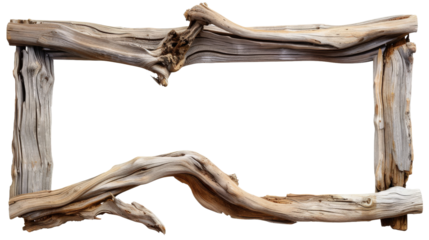 A rustic wooden frame crafted from driftwood, showcasing unique textures and shapes, ideal for displaying artwork or photographs, set against a neutral background