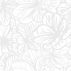 A seamless pattern of large, soft white flowers with delicate leaf details on a light gray background.