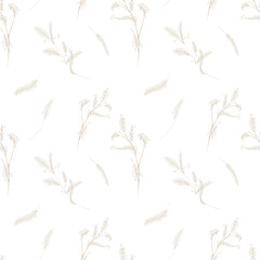 Obraz premium A seamless pattern featuring delicate, detailed sketches of various plants and small leaves in a muted beige color