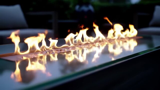 Close-up of flames on modern outdoor fire pit at dusk, a glass table surface reflecting fire in backyard providing comfort and warmth.