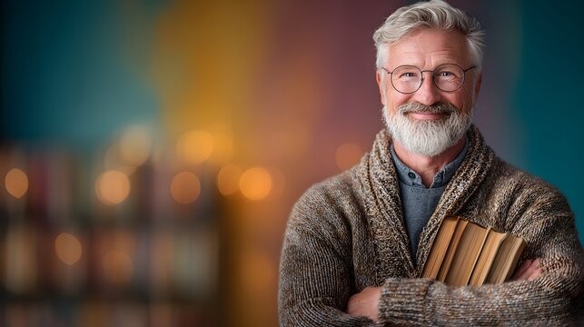 Smiling elderly man with grey beard wearing glasses and a knitted cardigan holding books with arms crossed in front of a blurred background of lights and bookshelves