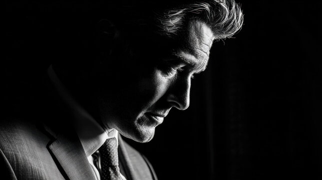Elegant grayscale image of a strong-jawed middle-aged man in a suit, dramatic lighting and shadow contrast