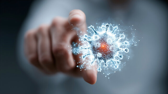 Person pointing at digital 3d rendering of virus particle with glowing network connections, close-up