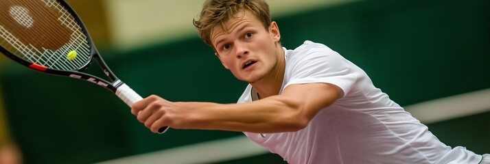 Young male tennis player intensely focusing while preparing to hit the ball during a match indoors.