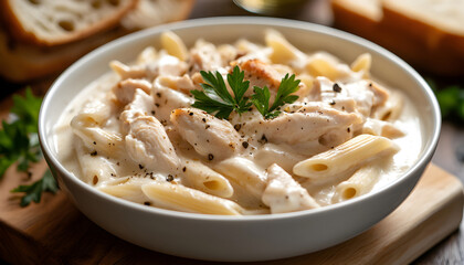 Creamy chicken alfredo pasta with garlic, parsley served in bowl with toasted bread slices. Penne noodles coated in rich, savory sauce