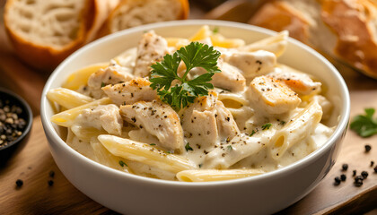 Creamy chicken alfredo pasta with garlic, parsley served in bowl with toasted bread slices. Penne noodles coated in rich, savory sauce