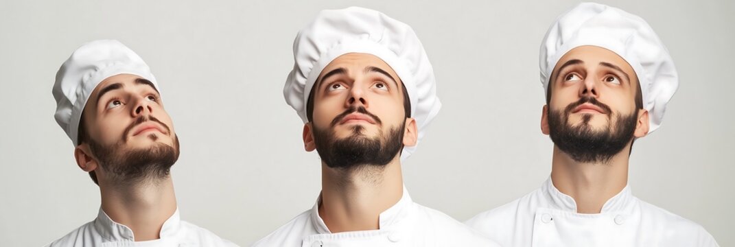Three male chefs in white uniforms and hats, gazing upwards with a thoughtful expression.