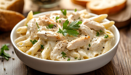 Creamy chicken alfredo pasta with garlic, parsley served in bowl with toasted bread slices. Penne noodles coated in rich, savory sauce