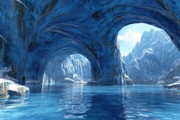 Frozen cave opening to a snowy mountain landscape