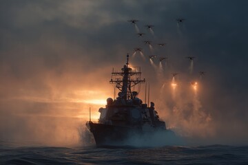 Naval warship at dusk launching multiple combat drones into sky, ocean spray and searchlights.