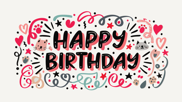 Happy birthday greeting card with cats hearts stars and confetti for a festive celebration design theme - Powered by Adobe