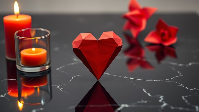 Illustration of a faceted red heart sits near a lit candle and delicate red flowers on a dark surface