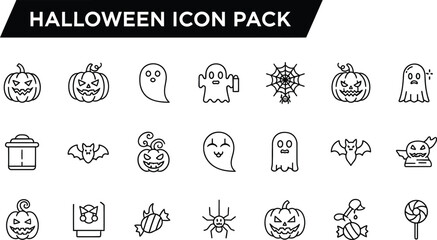 A collection of halloween themed line art icons on a white background