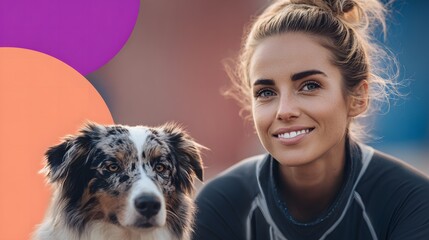 Smiling young woman with blonde hair in a bun and a speckled Australian Shepherd dog with blue eyes against a blurred background with abstract circles