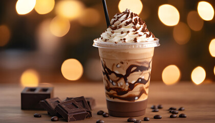 Decadent chocolate iced coffee, topped with whipped cream, cocoa powder. Rich chocolate syrup drizzles down cup, next to coffee beans