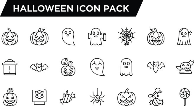A collection of halloween themed line art icons on a white background