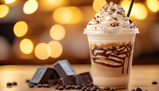 Decadent chocolate iced coffee, topped with whipped cream, cocoa powder. Rich chocolate syrup drizzles down cup, next to coffee beans