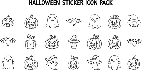Halloween icon set featuring pumpkins ghosts and bats in outline style