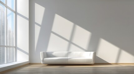 Modern living room interior with large window and white couch.