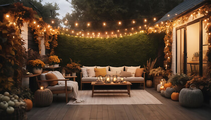 Cozy Outdoor Patio Lounge Area with String Lights and Fall Decor in Evening