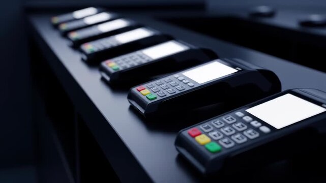 Row of black payment terminals with white screens, finance and technology concept, retail store equipment, multiple pos terminals