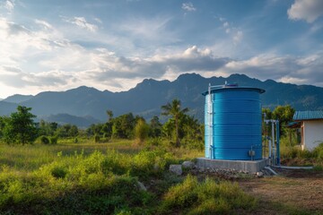 New blue water tank in rural ASEAN village with fresh plumbing and clean water flowing, mountains in distance.