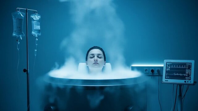Cryogenic Chamber: Woman Undergoes Cryotherapy, Futuristic Medical Treatment