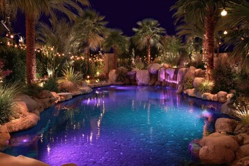Nighttime pool oasis with illuminated landscaping