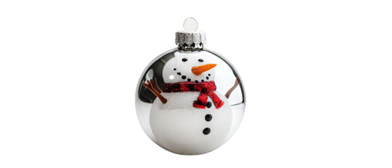 A festive holiday ornament featuring a cheerful snowman with a carrot nose, scarf, and twigs for arms, set against a white background, perfect for seasonal decorations and celebrations