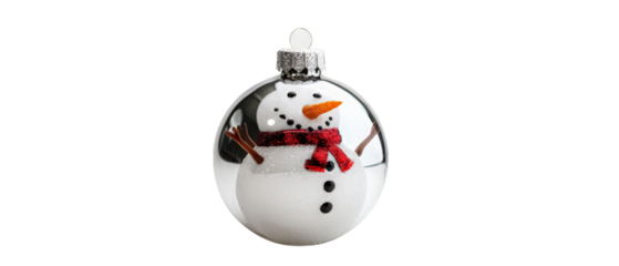 A festive holiday ornament featuring a cheerful snowman with a carrot nose, scarf, and twigs for arms, set against a white background, perfect for seasonal decorations and celebrations