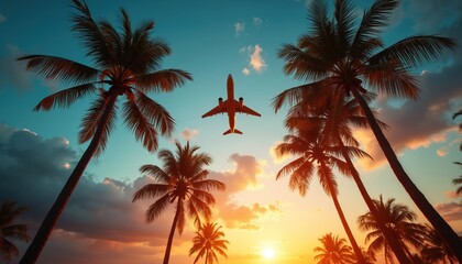 Airplane flies over palm trees at sunset. Tropical island travel. Airplane silhouette against vibrant sky with sun flares. Journey to paradise, ocean and beach landscape.