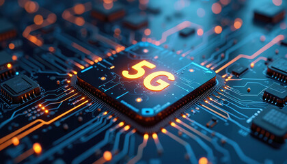 Conceptual view of advanced 5G technology integrated into modern electronics. Image close-up of circuit board with glowing orange 5G symbol, representing digital innovation, connectivity, progress in